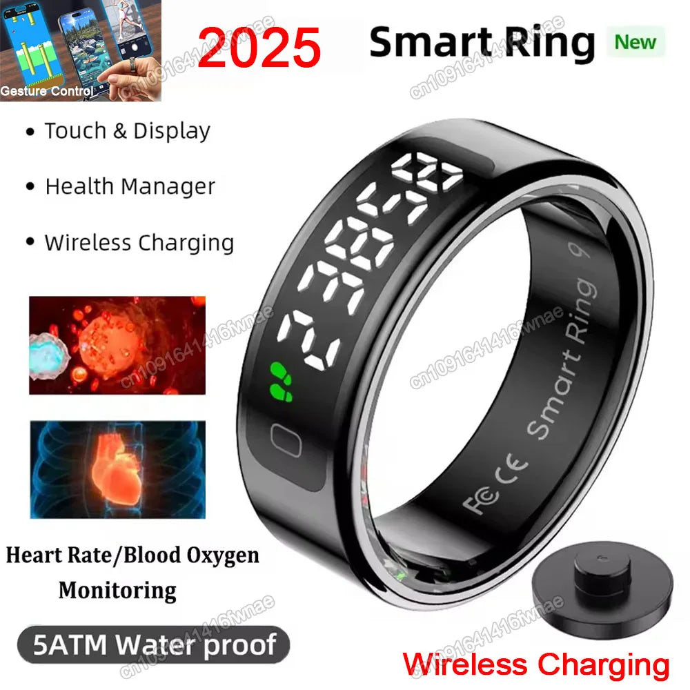 New Smart Ring Touch Screen Health Manager Heart Rate/Blood Oxygen Monitor Wireless Charging IP68 5ATM Waterproof for Universal Wesley store