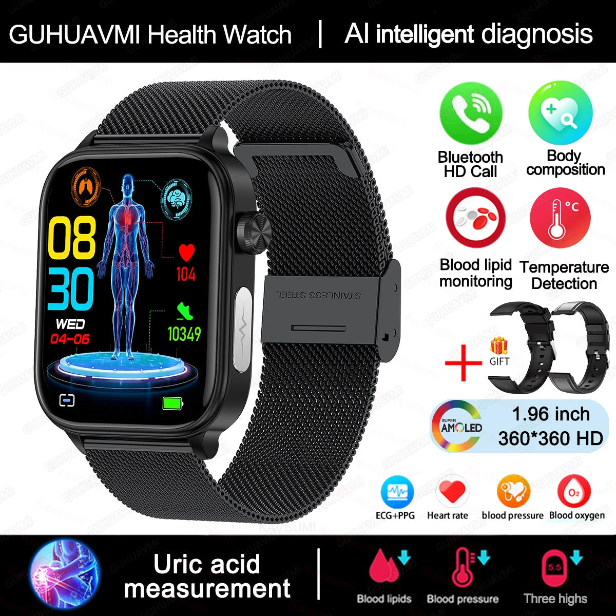 AI Diagnostic Detector Smart Watch Women Blood Lipid and Uric Acid Body Composition Test Women Menstrual Health Tracker 2025 New Wesley store