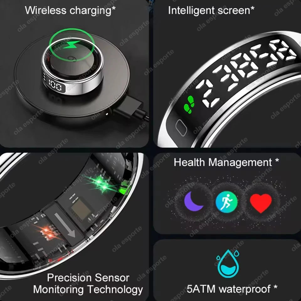 New Smart Ring Touch Screen Health Manager Heart Rate/Blood Oxygen Monitor Wireless Charging IP68 5ATM Waterproof for Universal Wesley store