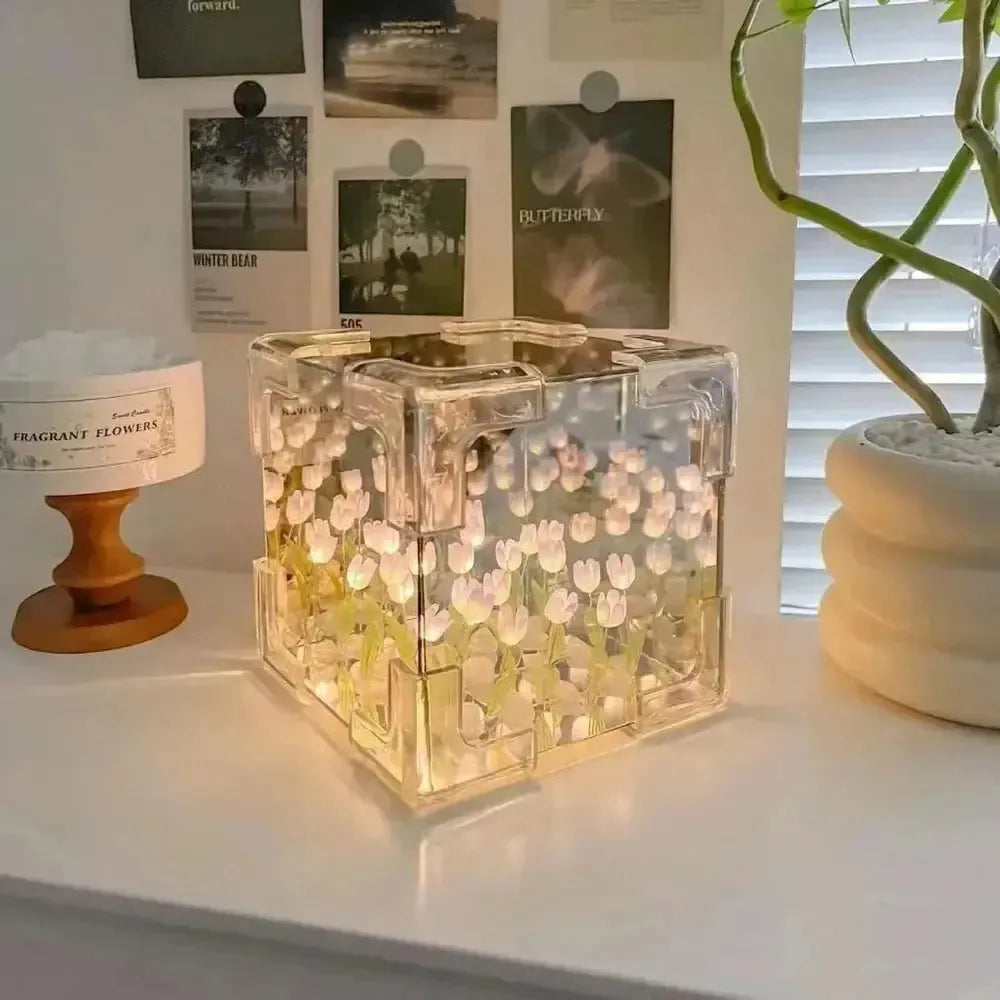 Creative Diy Tulip Flower Sea Cube Three-Dimensional Small Night Lamp Material Package for Girlfriend Couple Girlfriends Wesley store