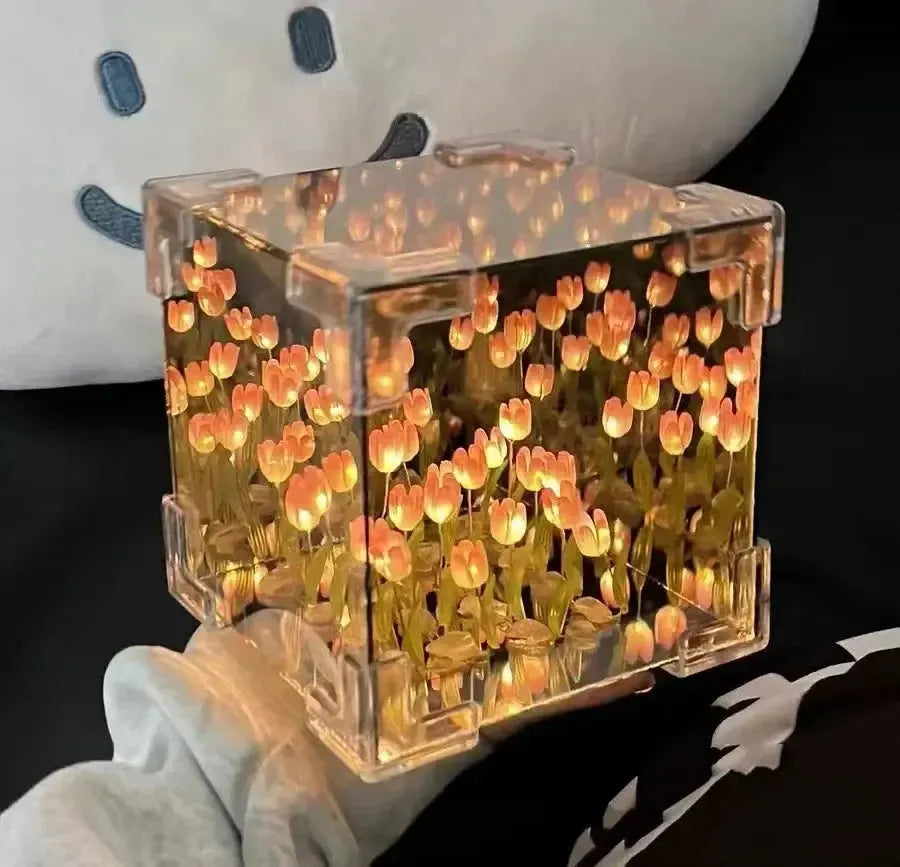 Creative Diy Tulip Flower Sea Cube Three-Dimensional Small Night Lamp Material Package for Girlfriend Couple Girlfriends Wesley store