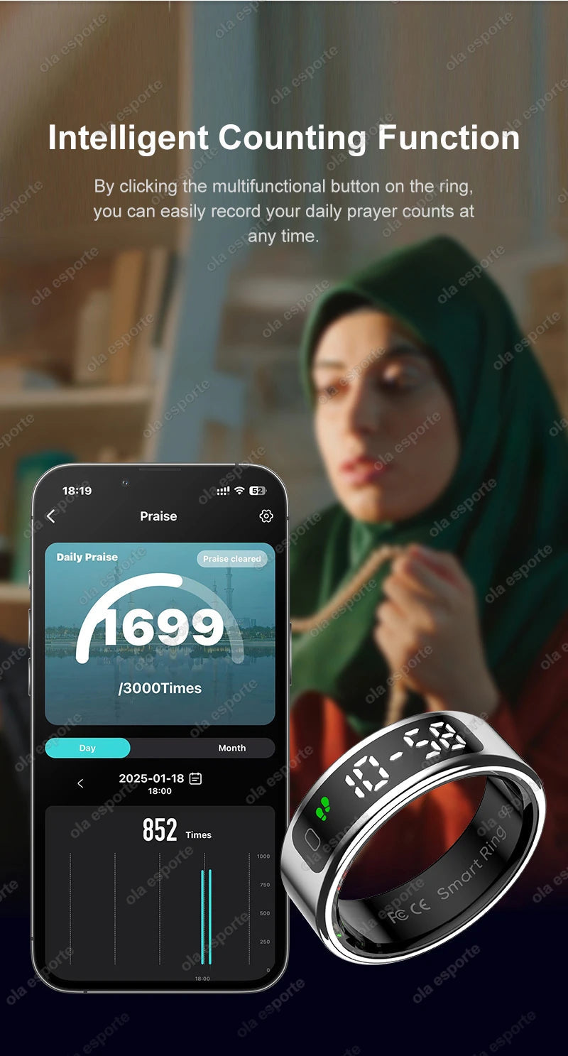 New Smart Ring Touch Screen Health Manager Heart Rate/Blood Oxygen Monitor Wireless Charging IP68 5ATM Waterproof for Universal Wesley store