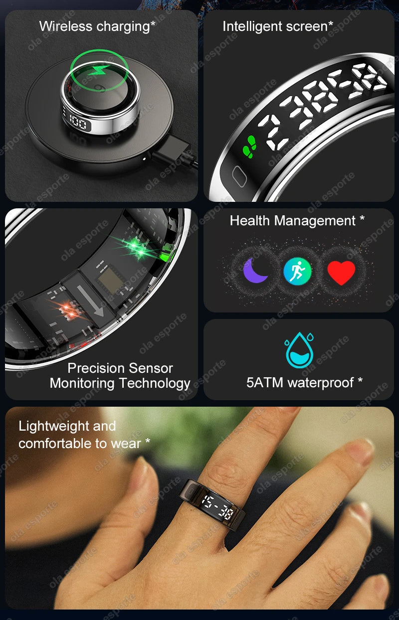 New Smart Ring Touch Screen Health Manager Heart Rate/Blood Oxygen Monitor Wireless Charging IP68 5ATM Waterproof for Universal Wesley store