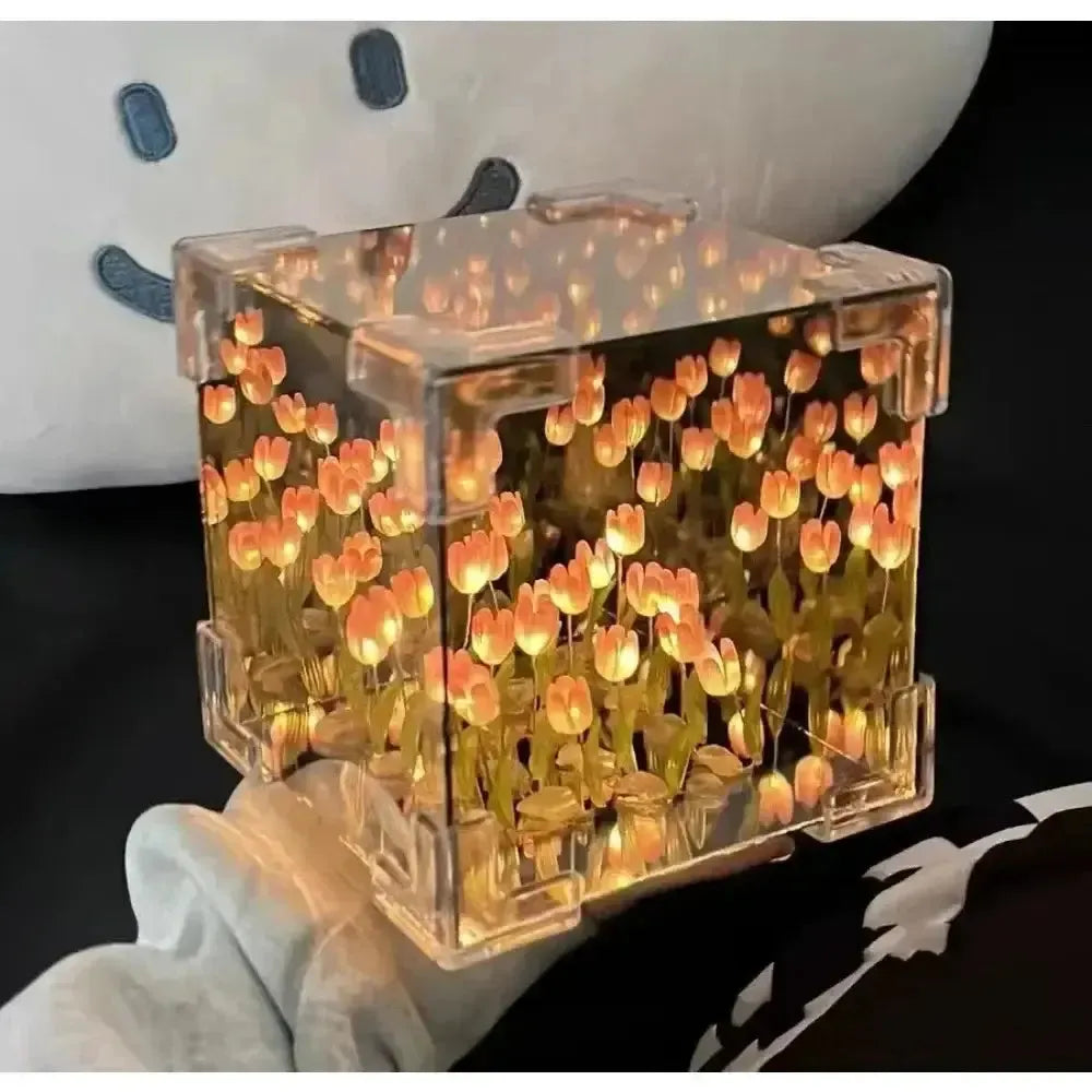 Creative Diy Tulip Flower Sea Cube Three-Dimensional Small Night Lamp Material Package for Girlfriend Couple Girlfriends Wesley store