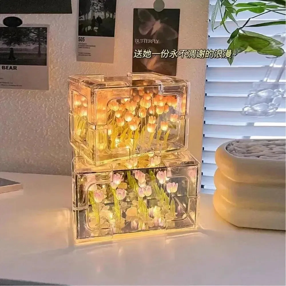 Creative Diy Tulip Flower Sea Cube Three-Dimensional Small Night Lamp Material Package for Girlfriend Couple Girlfriends Wesley store